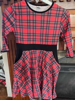 Girls Red Plaid Knit Dress with Black Waistband